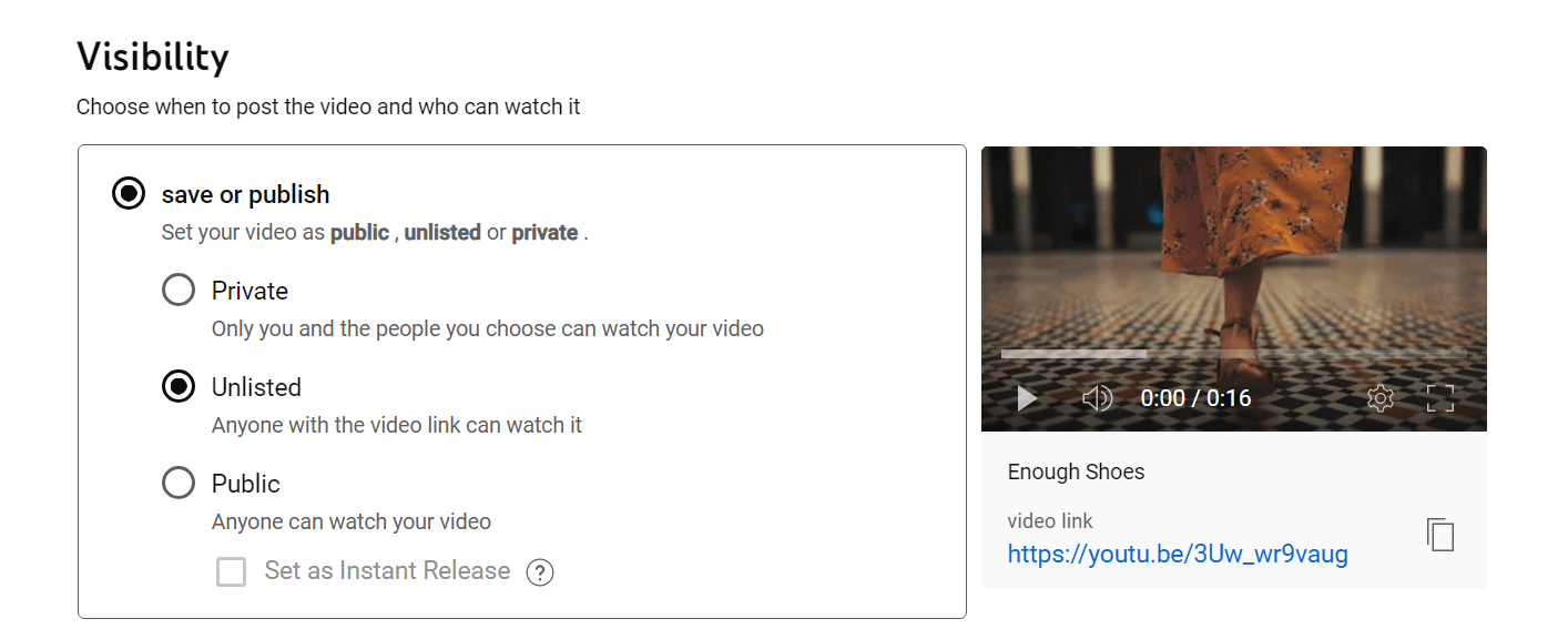 Настройте параметры видимости видео на YouTube.