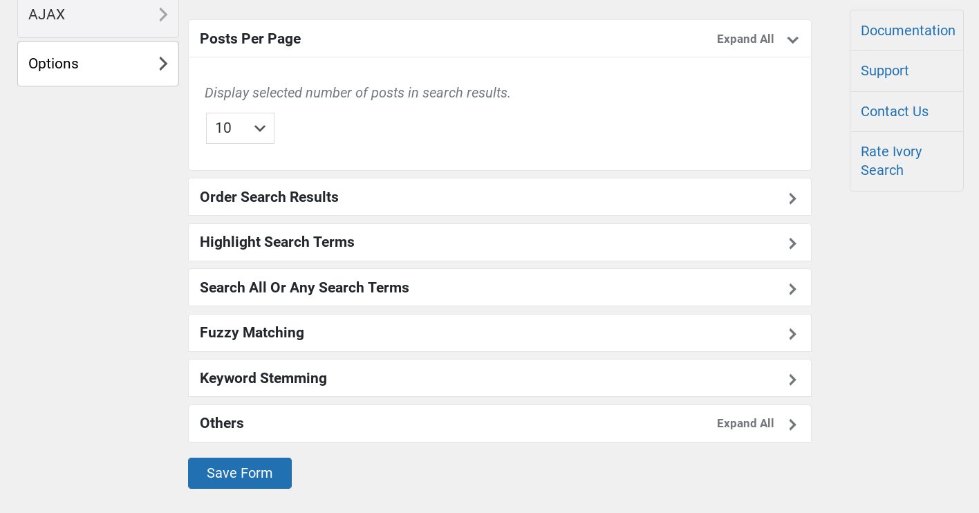 Настройка формы поиска WordPress в настройках Ivory Search.
