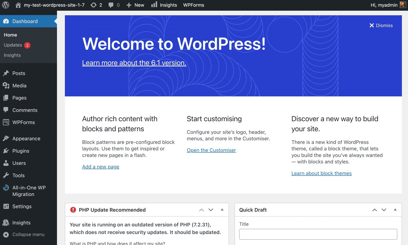 the WP dashboard for your free WordPress test site