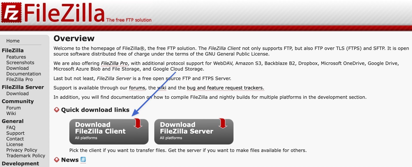 The FileZilla download button