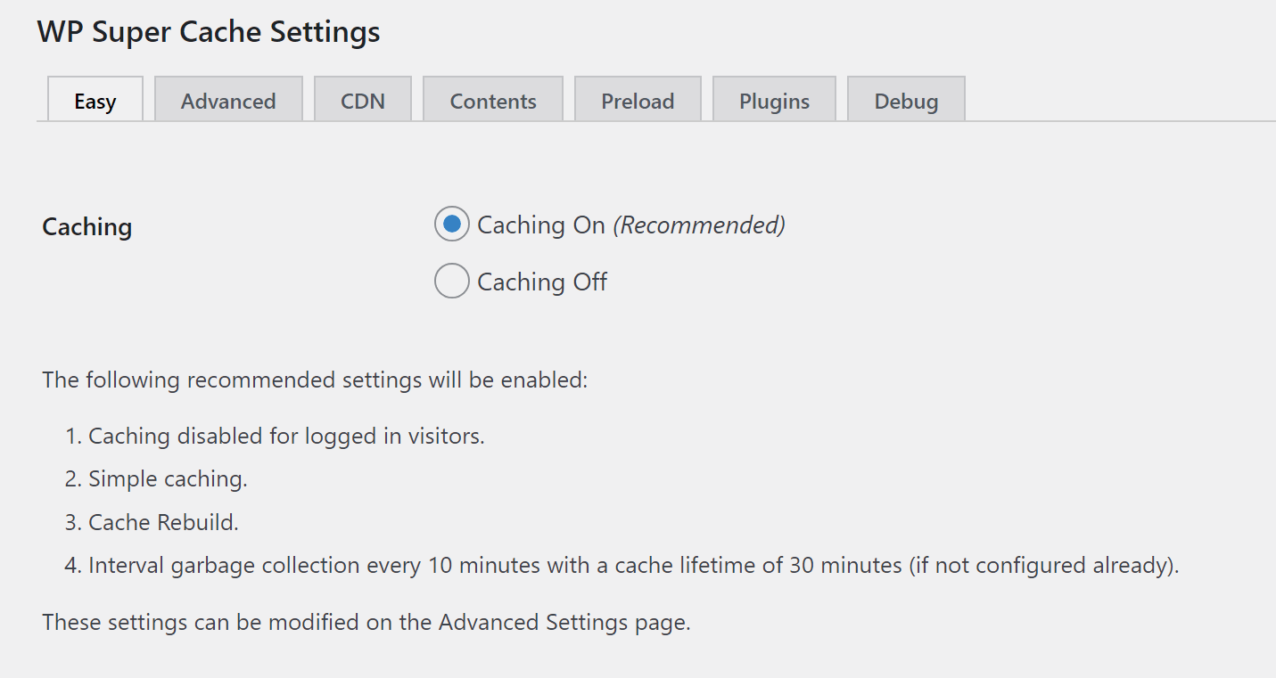 WP Super Cache's default settings from our comparison of WP Optimize vs WP Super Cache.