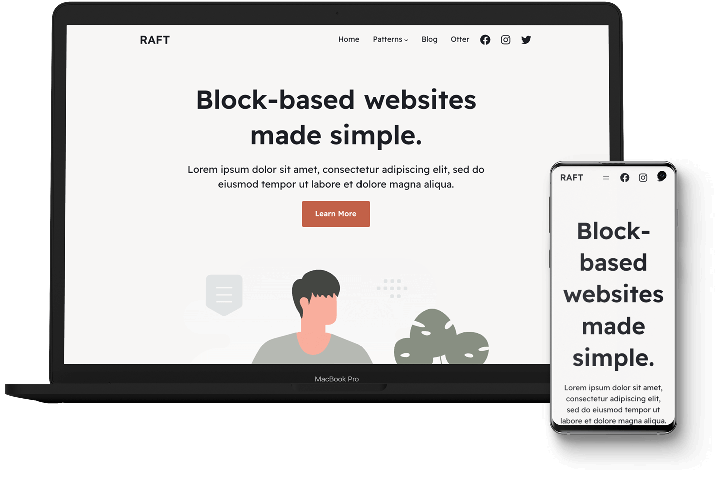 Raft block theme mockup for desktop and mobile devices.