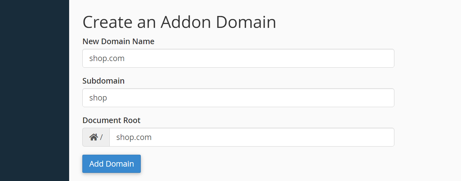 Configuring an add-on domain in cPanel.