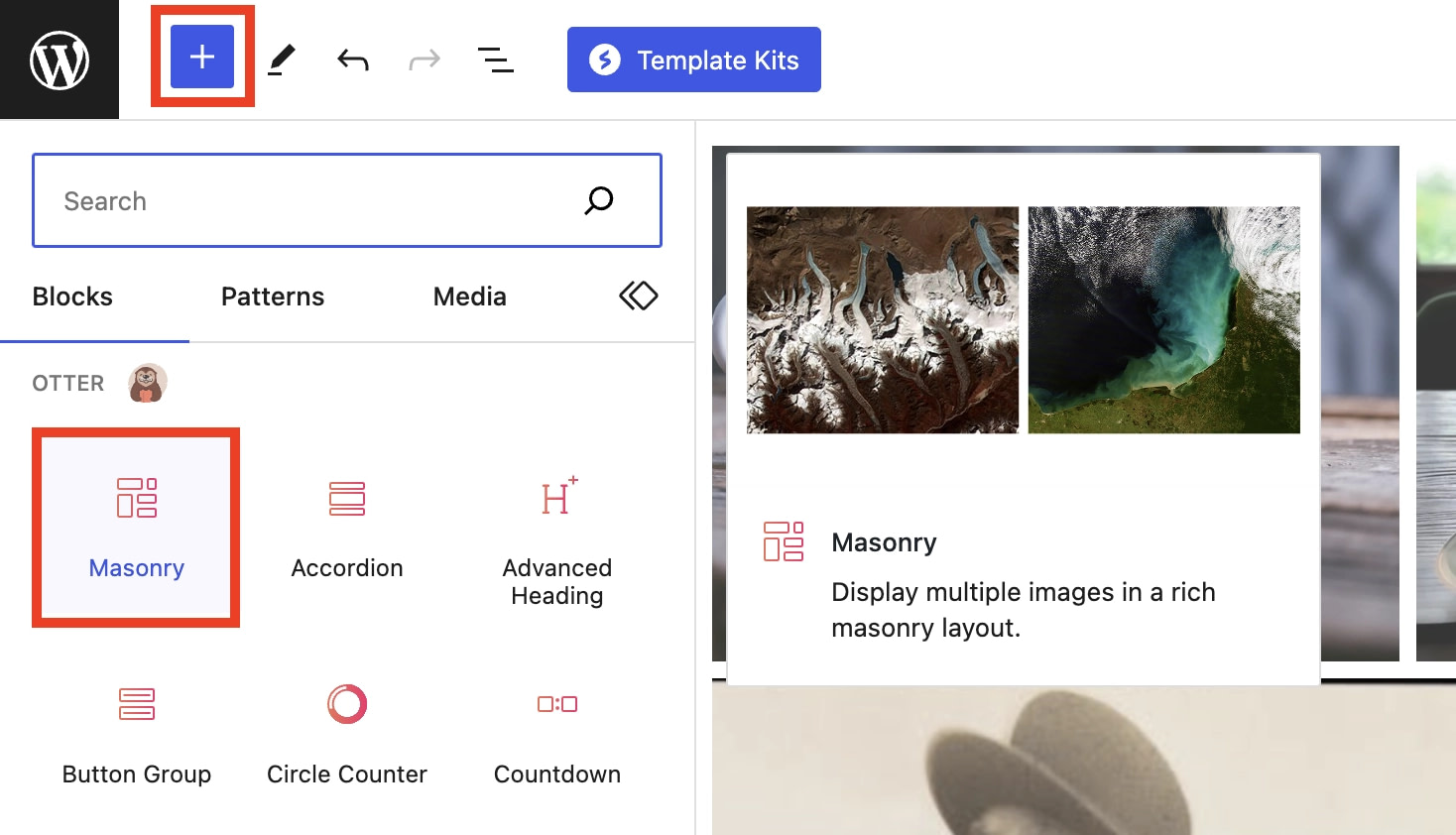 Accessing the Masonry gallery block inside the WordPress block editor.