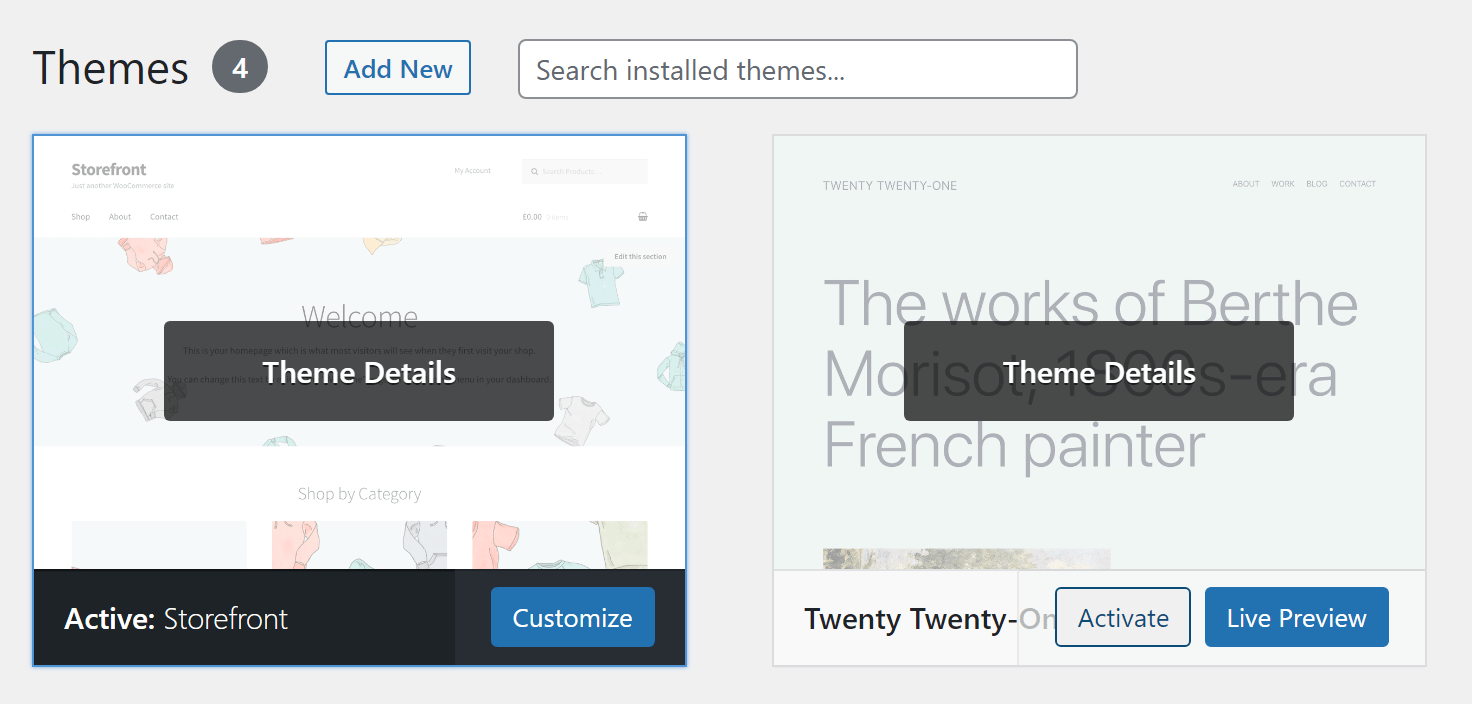 Activating a theme in WordPress.