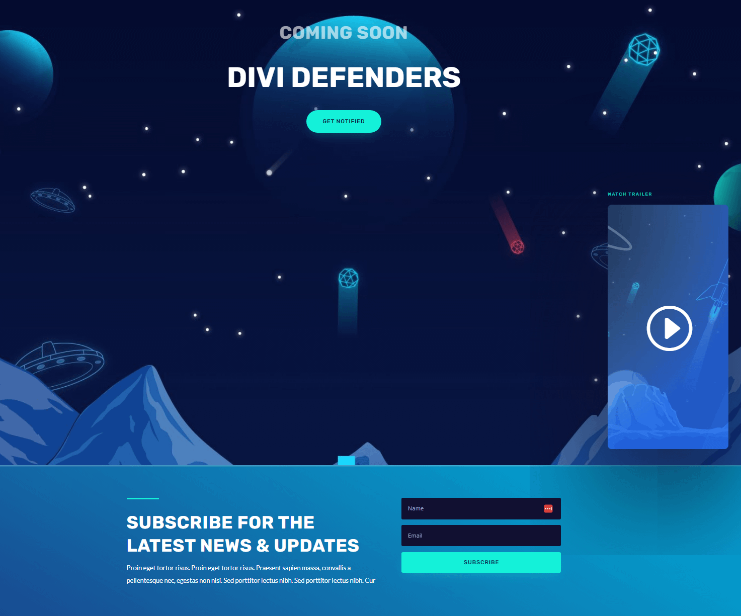One of Divi Builder's coming soon templates for a video game website