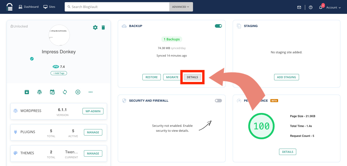 Access additional options in BlogVault by clicking on the Details button.