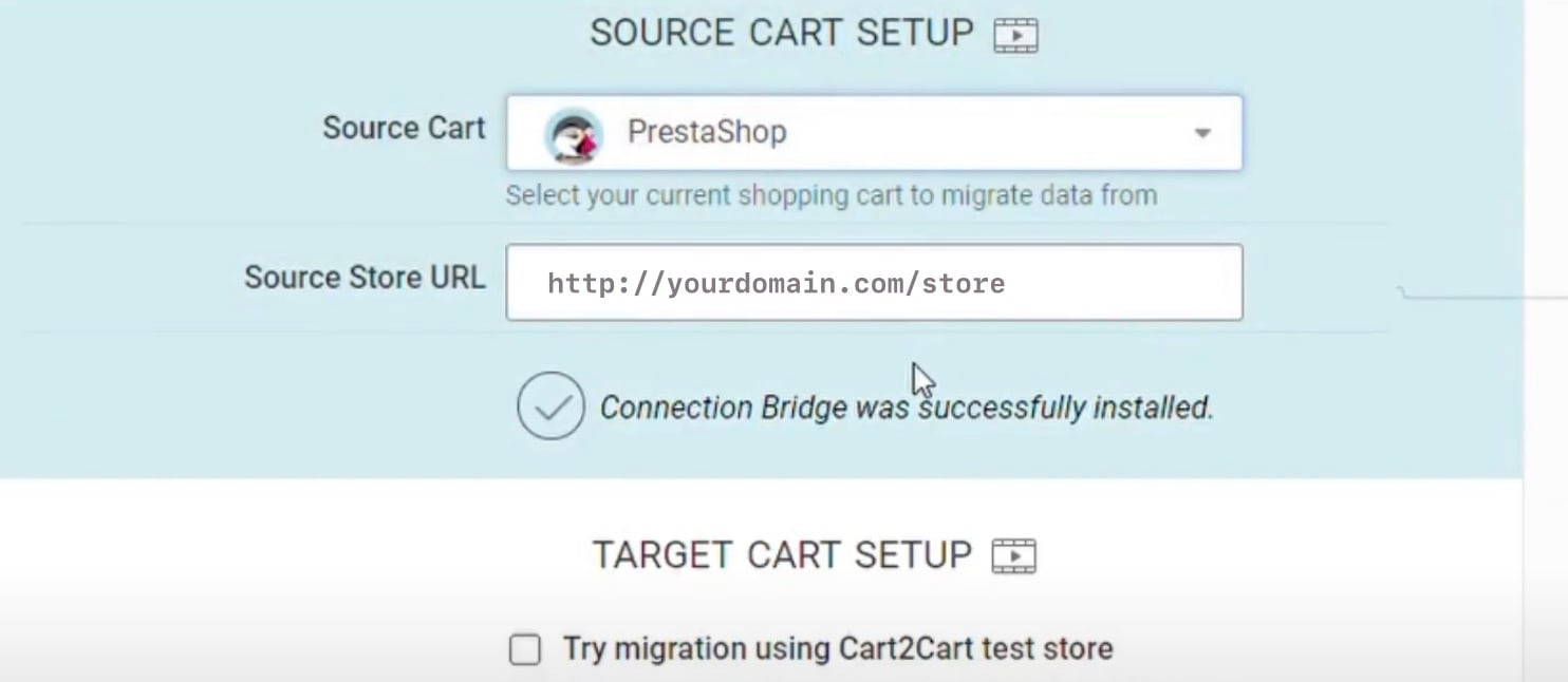 Filling in Source Cart and Store URL to migrate from PrestaShop to WooCommerce.