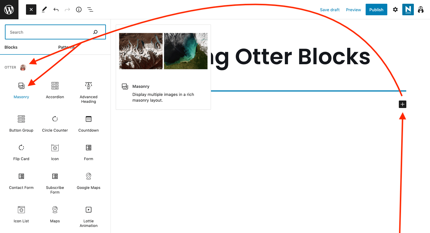 Inserting masonry gallery into a WordPress post using Otter Blocks