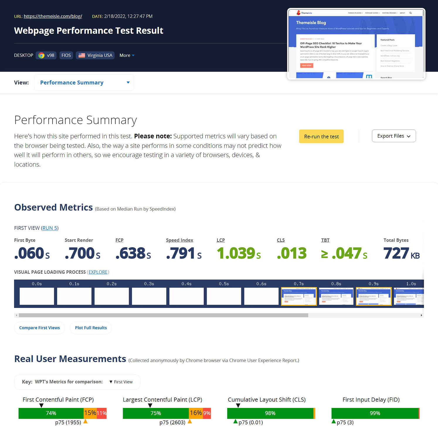 WebPageTest results page