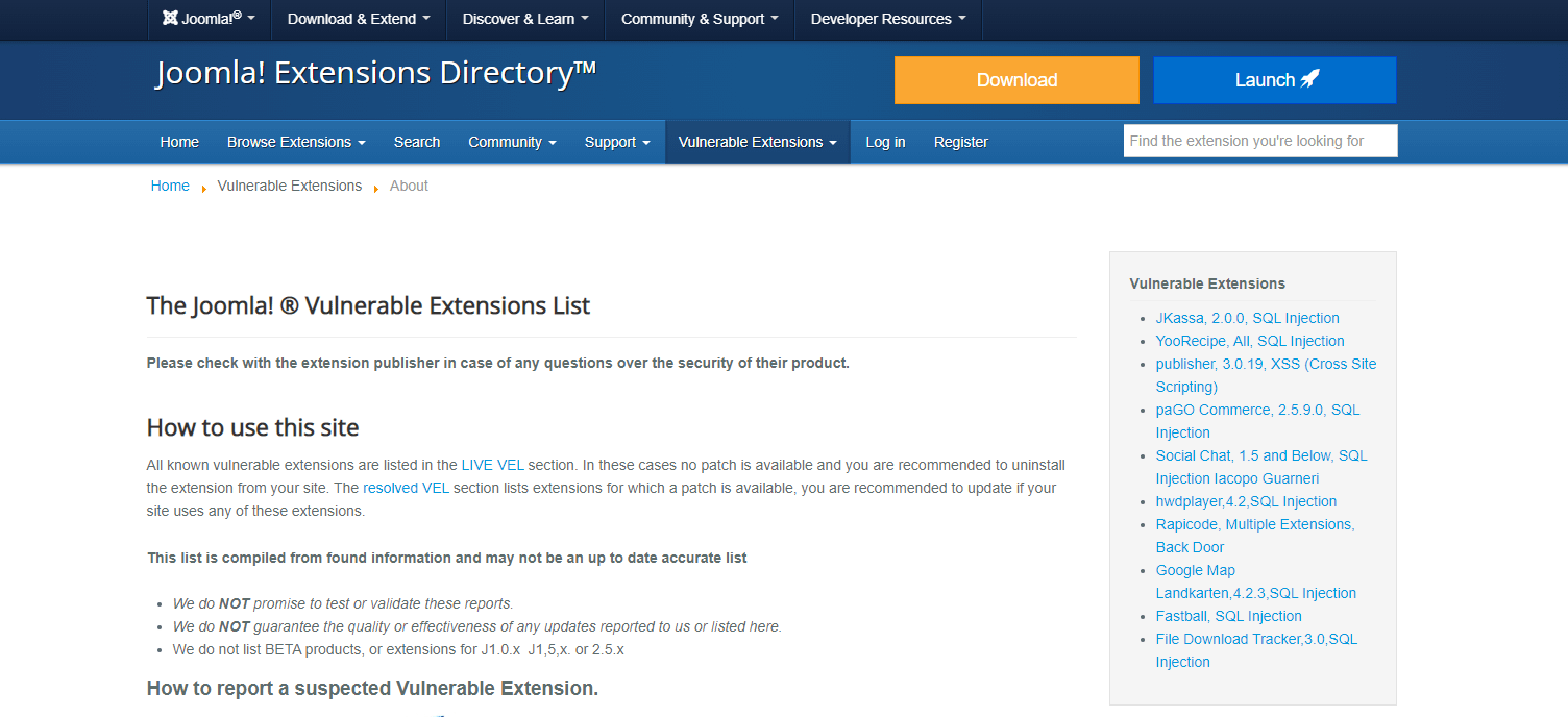 A screenshot of Joomla's known vulnerabilities page.