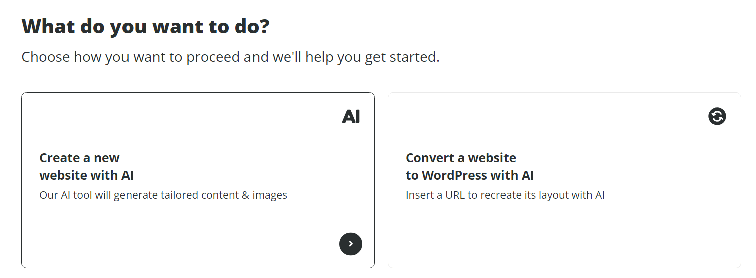 10Web AI Builder asking the user "what do you want to do?" with two distinct choices: create a new website with AI or convert a website to WordPress with AI.