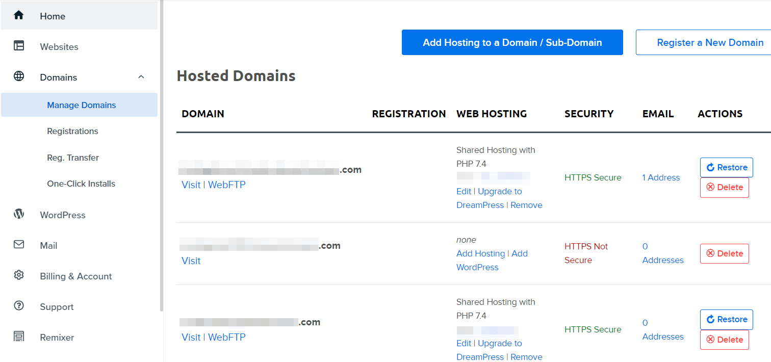 Управление доменами через веб-хостинг.