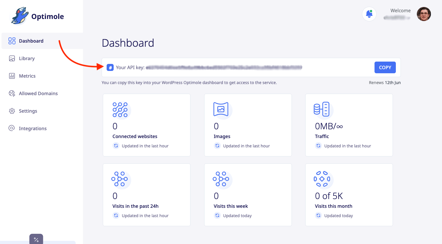 The Optimole dashboard in the WordPress backend