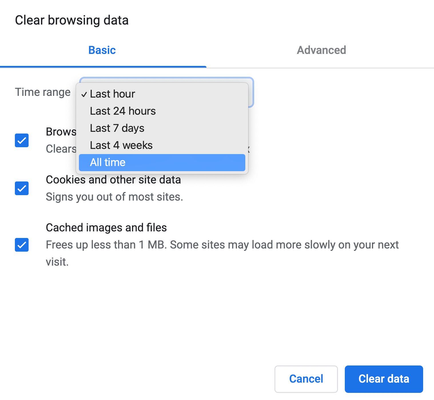 Выбор временного диапазона для очистки данных браузера в Chrome.