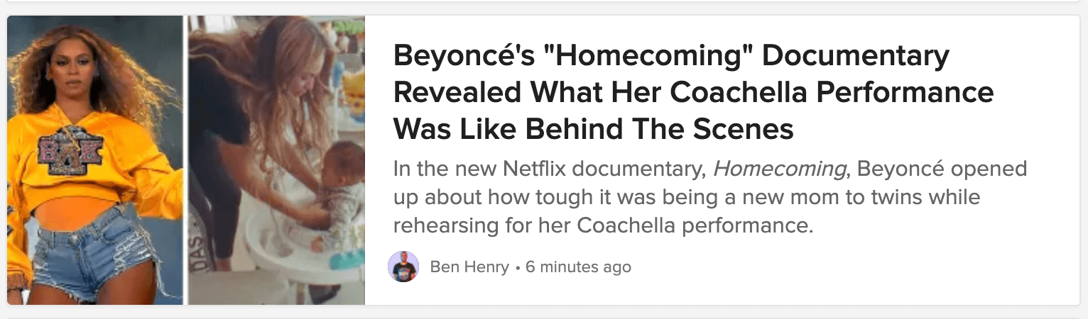 Еще одно из заголовков сообщений в блоге Buzzfeed.  Речь идет о документальном фильме Бейонсе «Возвращение домой».