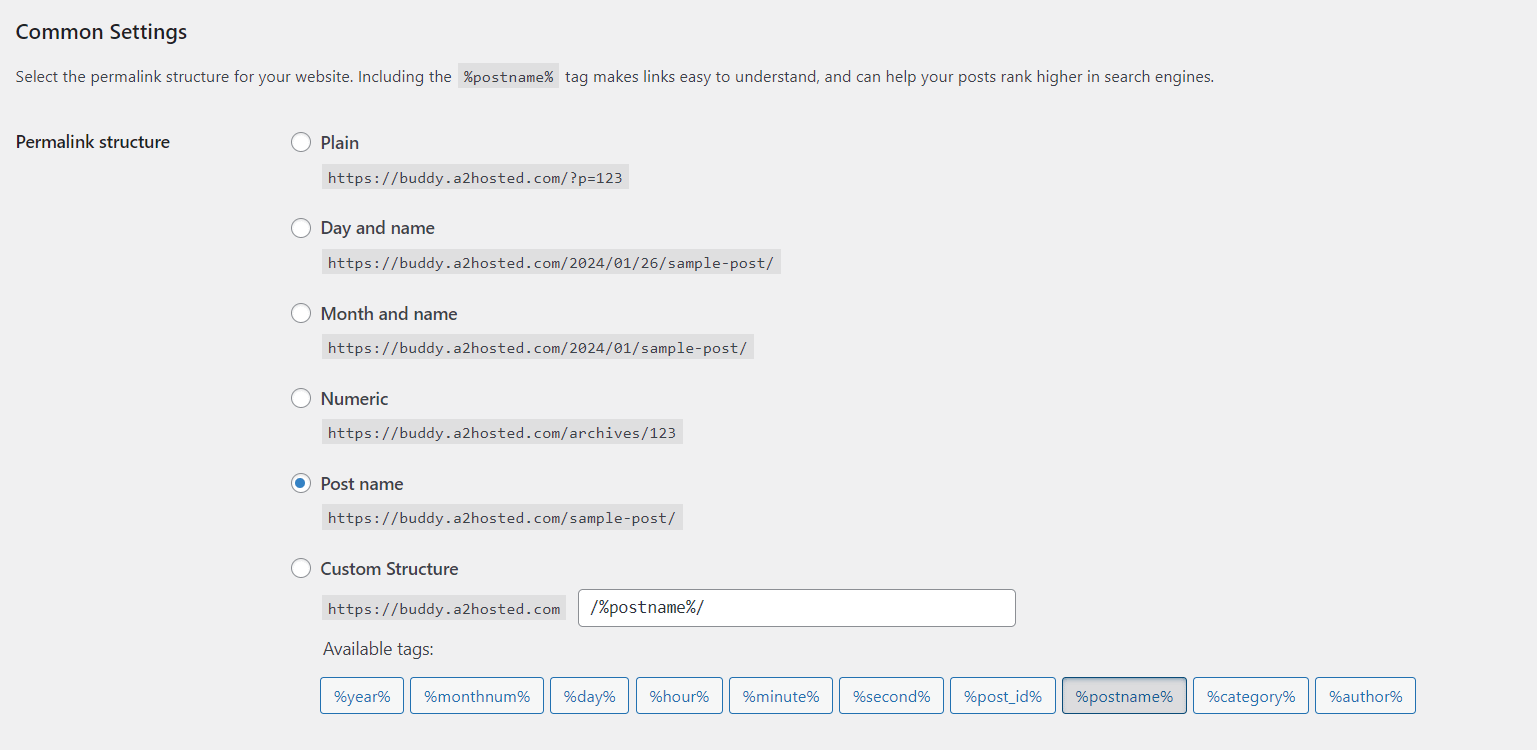 The permalink settings in WordPress