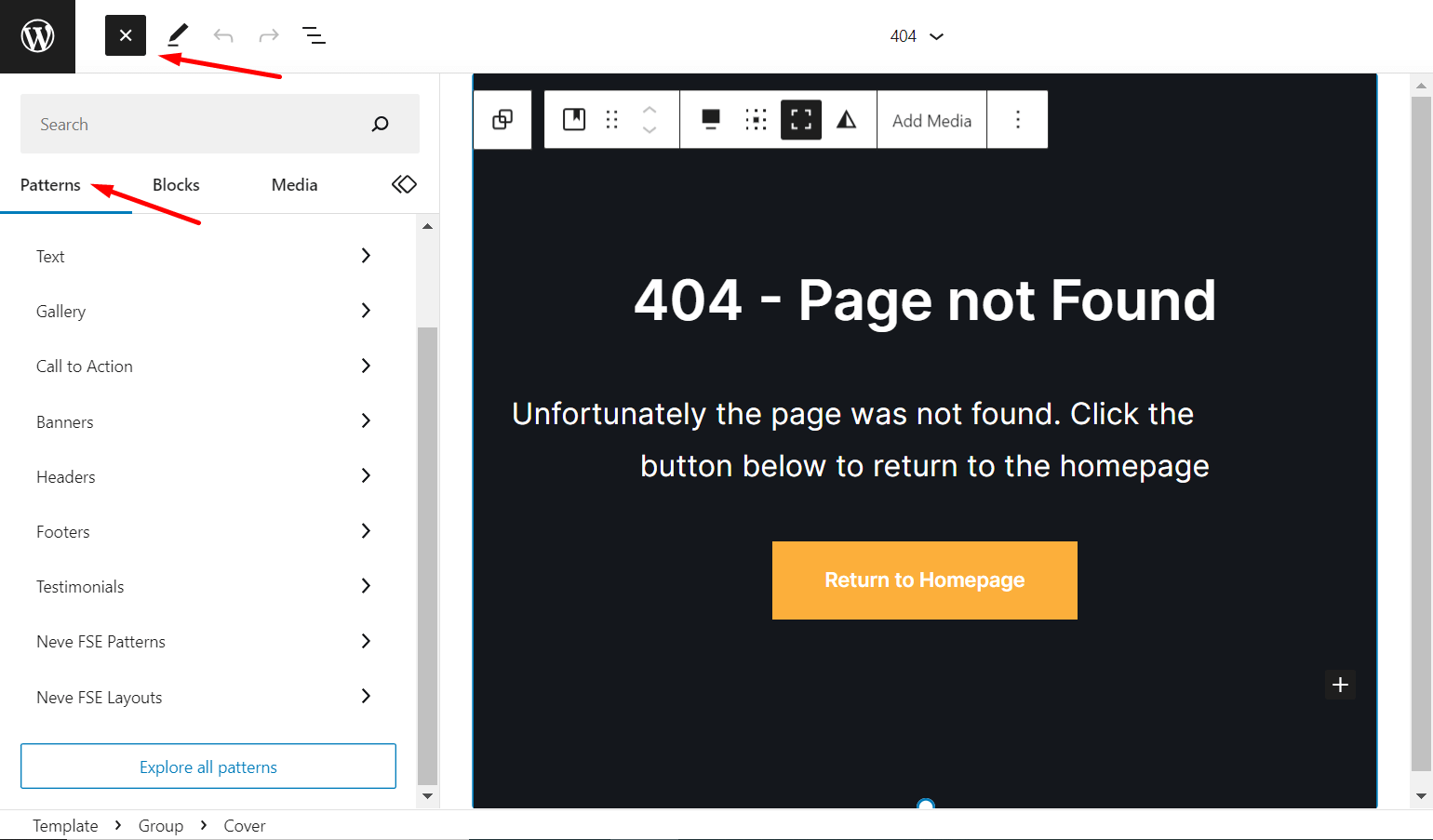 добавить шаблоны в шаблон 404