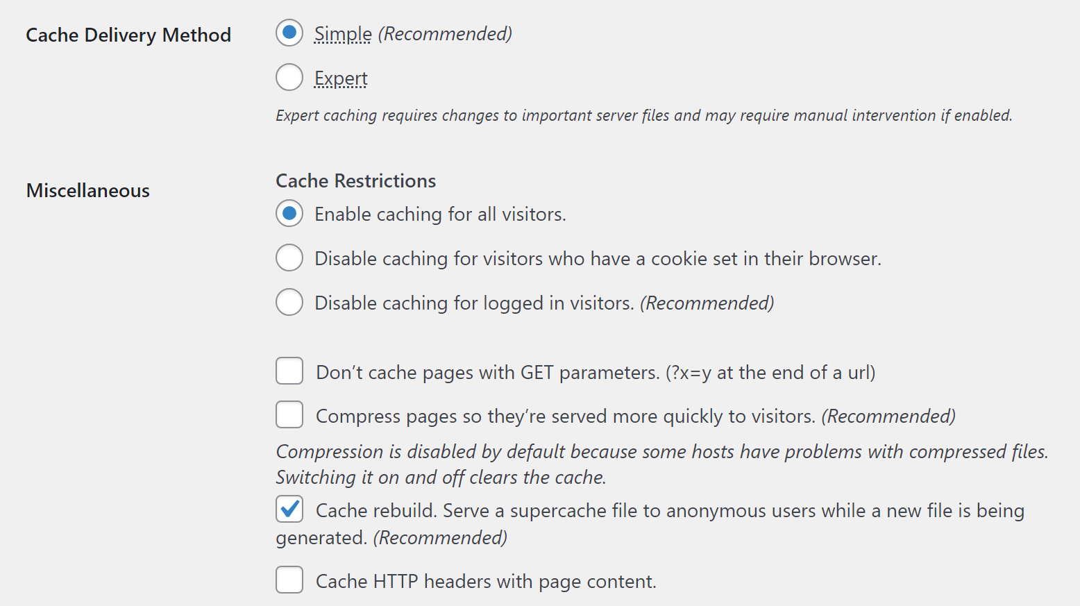 WP Super Cache's advanced settings.