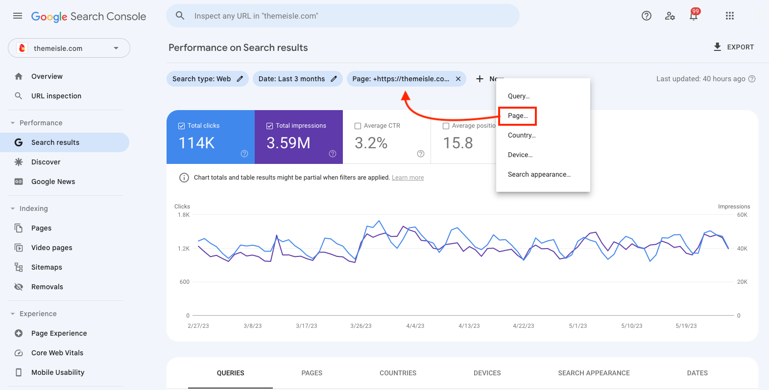 Google Search Console Search Results Analysis screenshot
