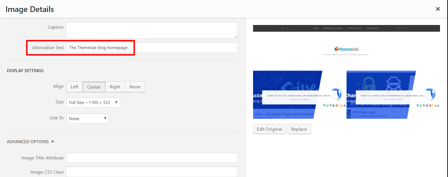 Using the image edit screen to add image alt text.