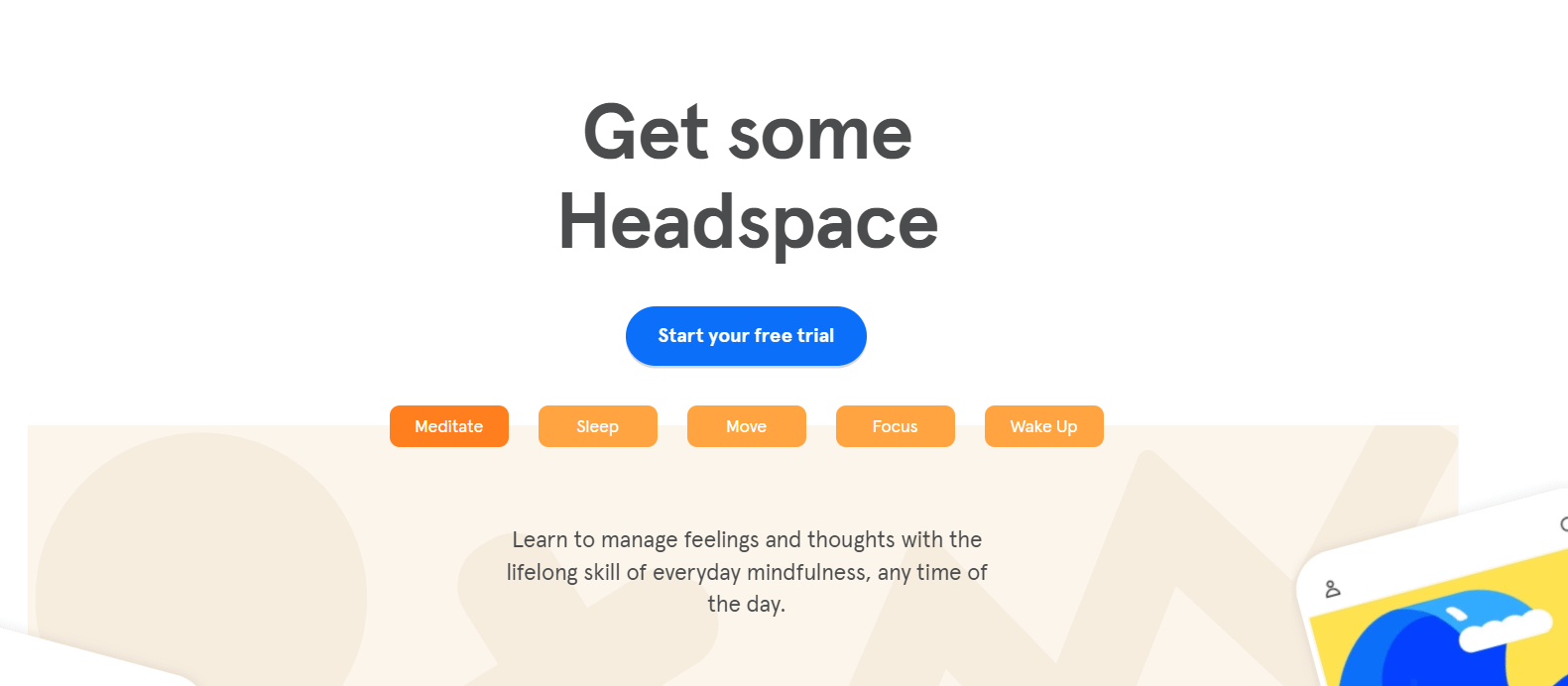 На домашней странице Headspace показан один из самых эффективных примеров призыва к действию.