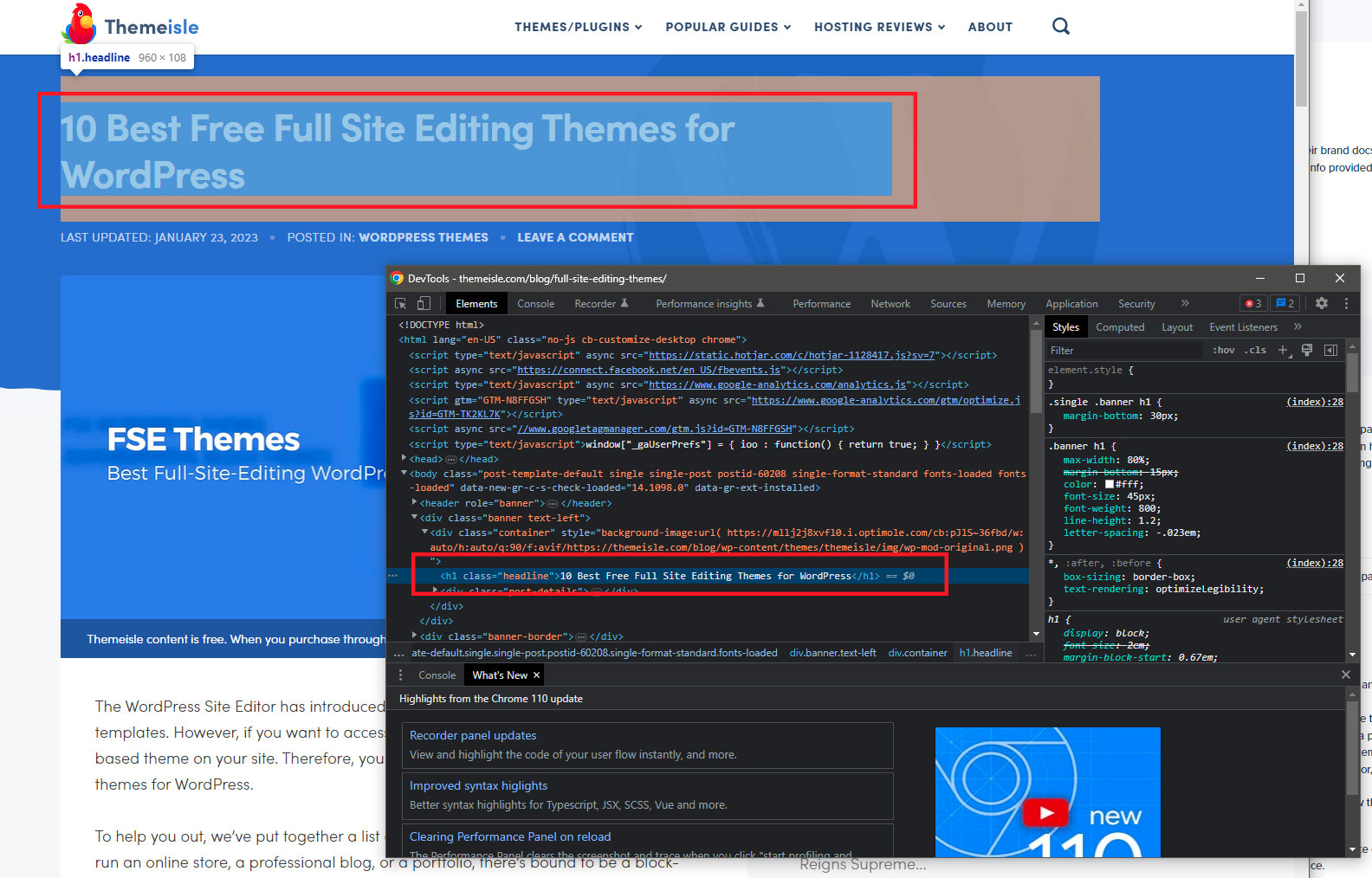 Using the Chrome Inspector Tool to Find the Title Element