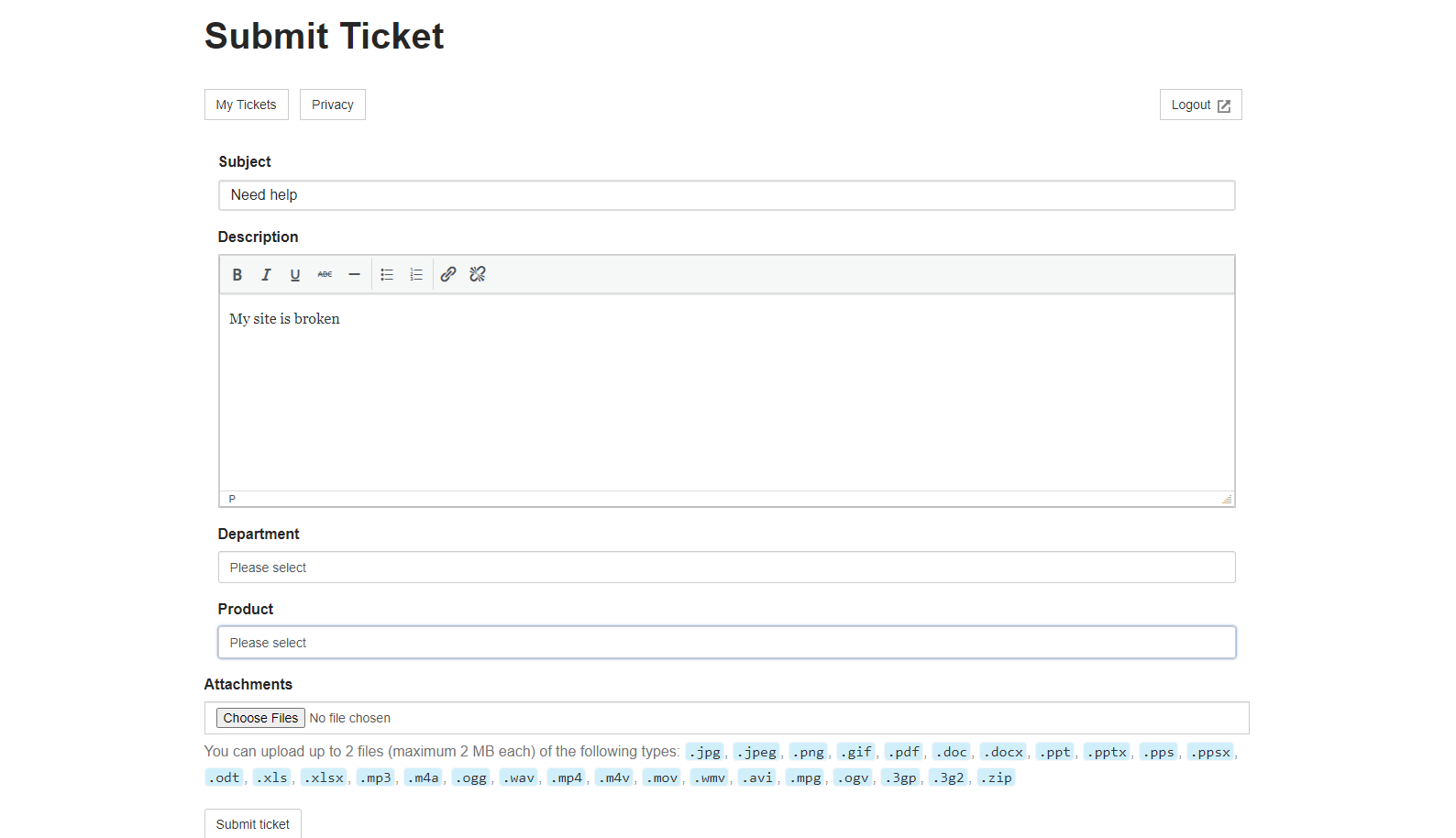 submit ticket form - WordPress helpdesk.