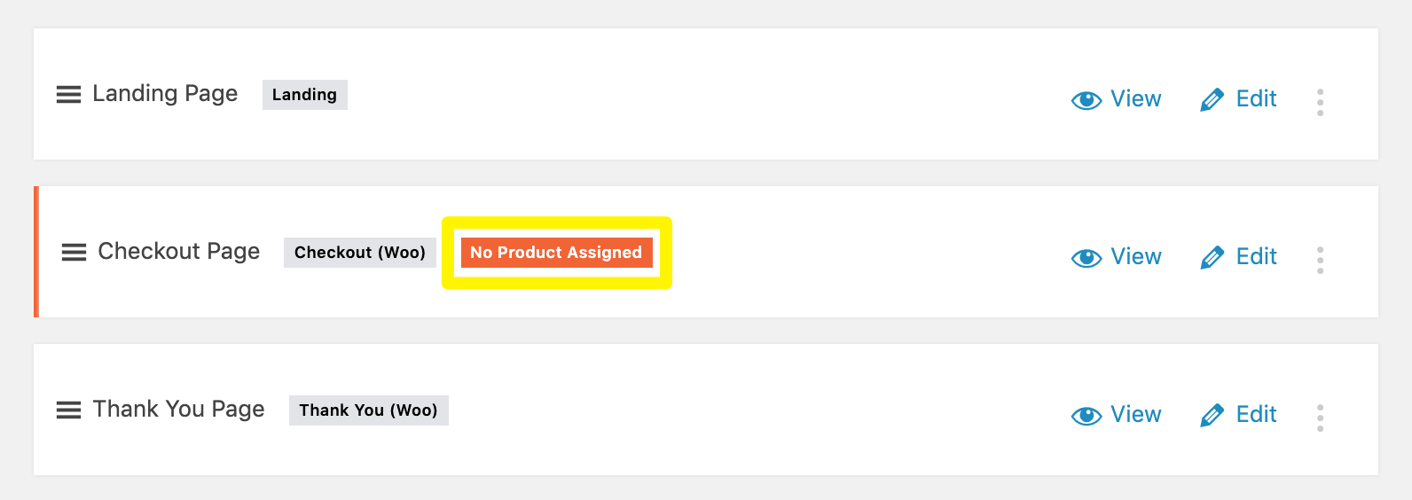 The No Product Assigned label on the Checkout page in Cartflows.