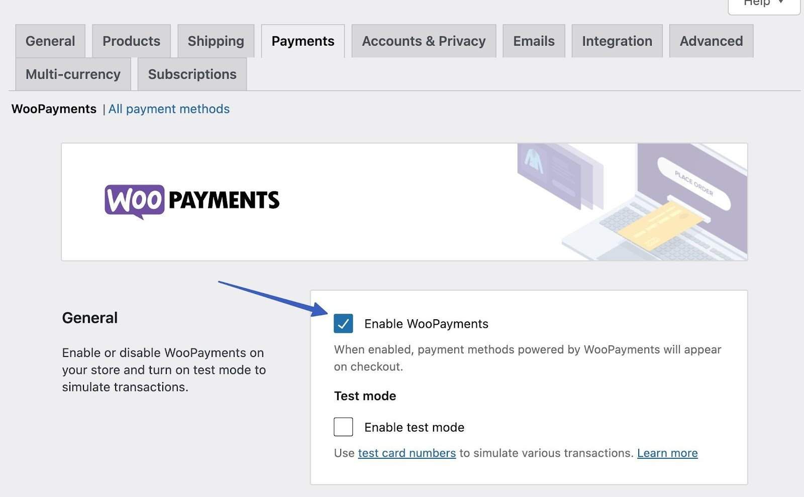 How to set up WooCommerce Payments by turning it on.