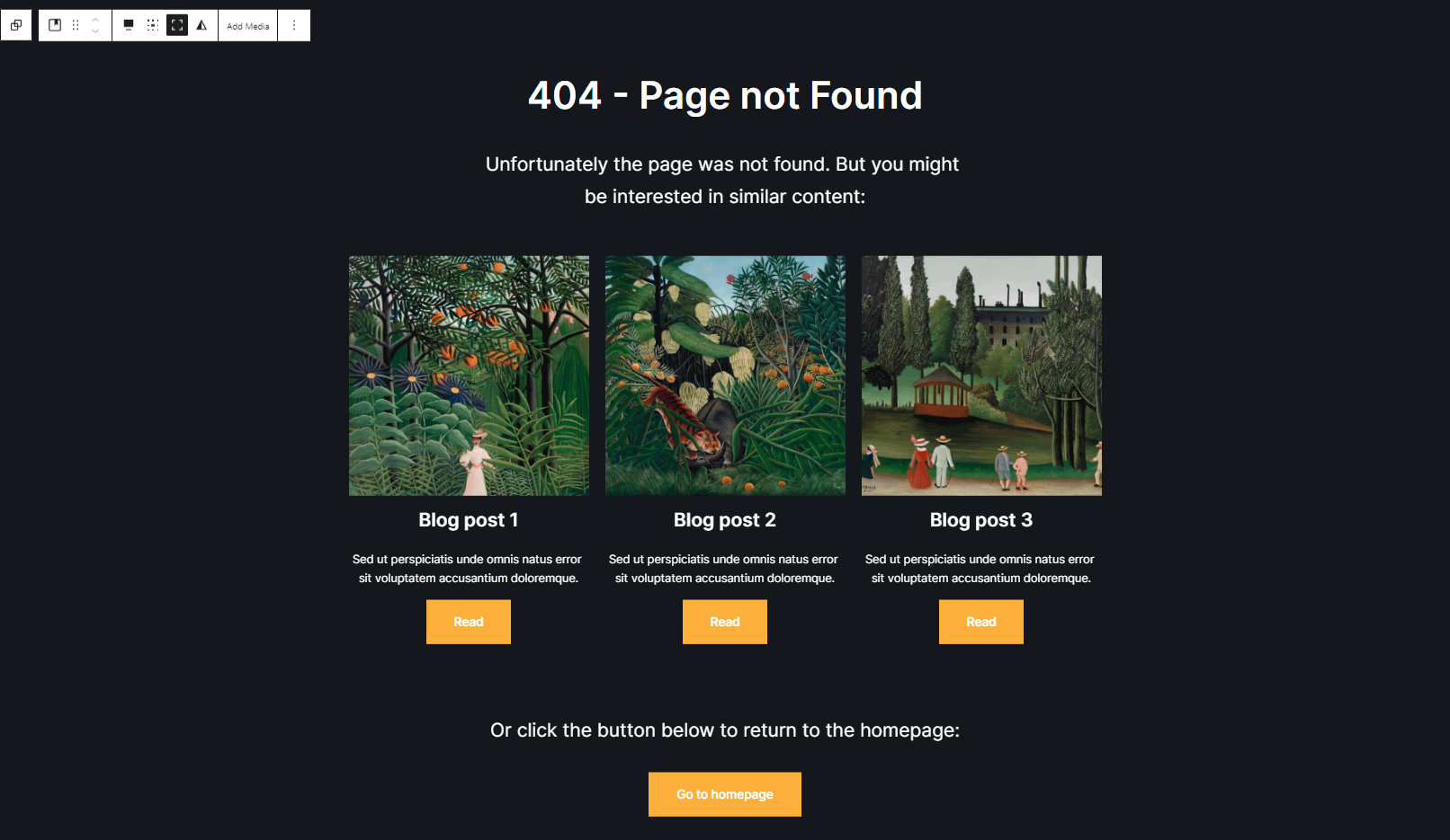 пример страницы 404, созданной с использованием Neve FSE и Otter Blocks
