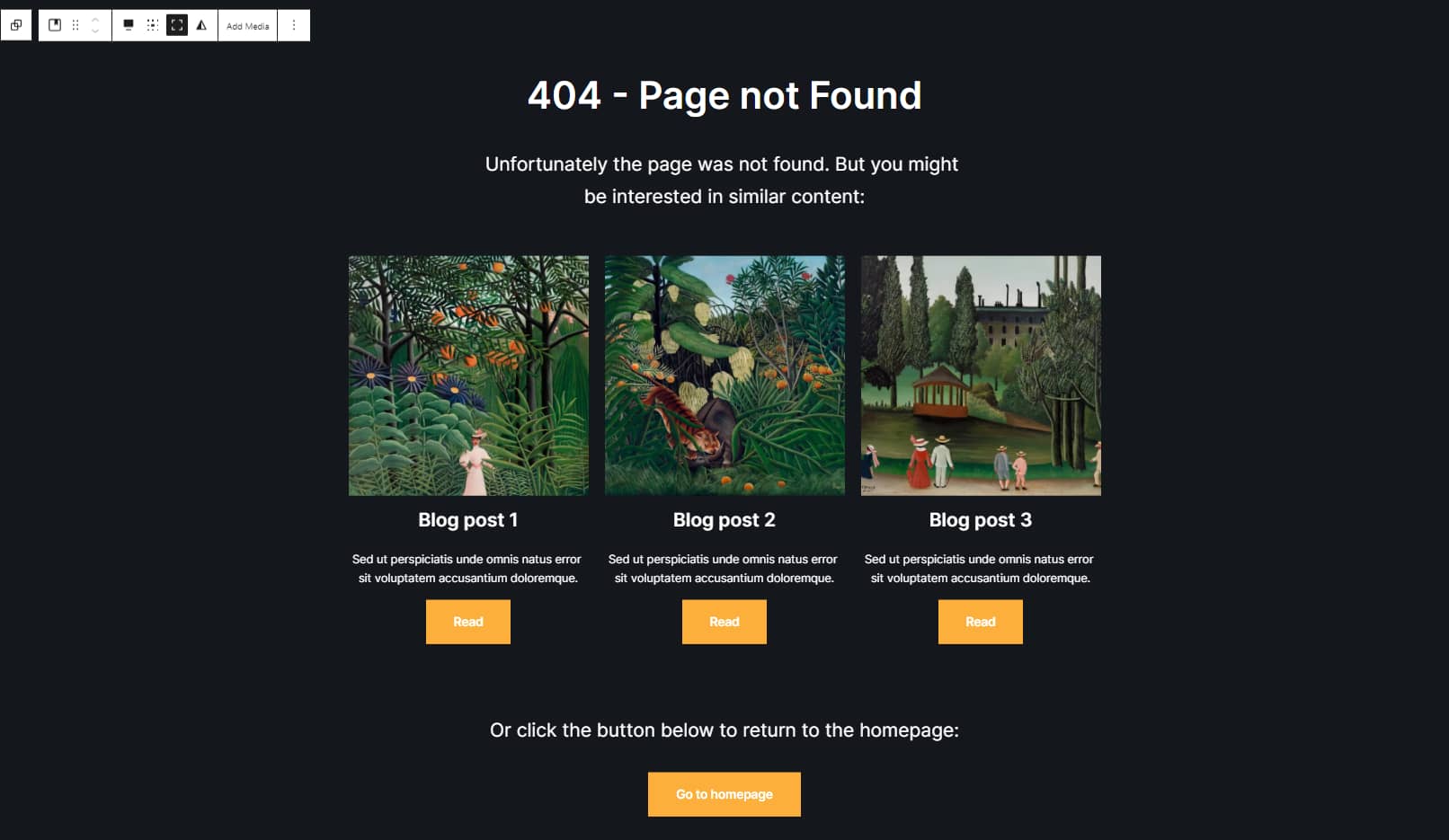 example of 404 page built with Neve FSE and Otter Blocks