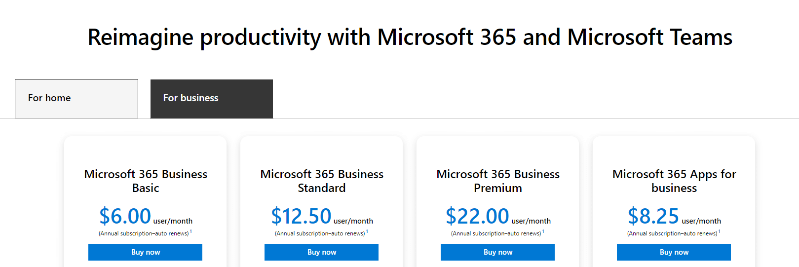 Microsoft Office for Business pricing page.