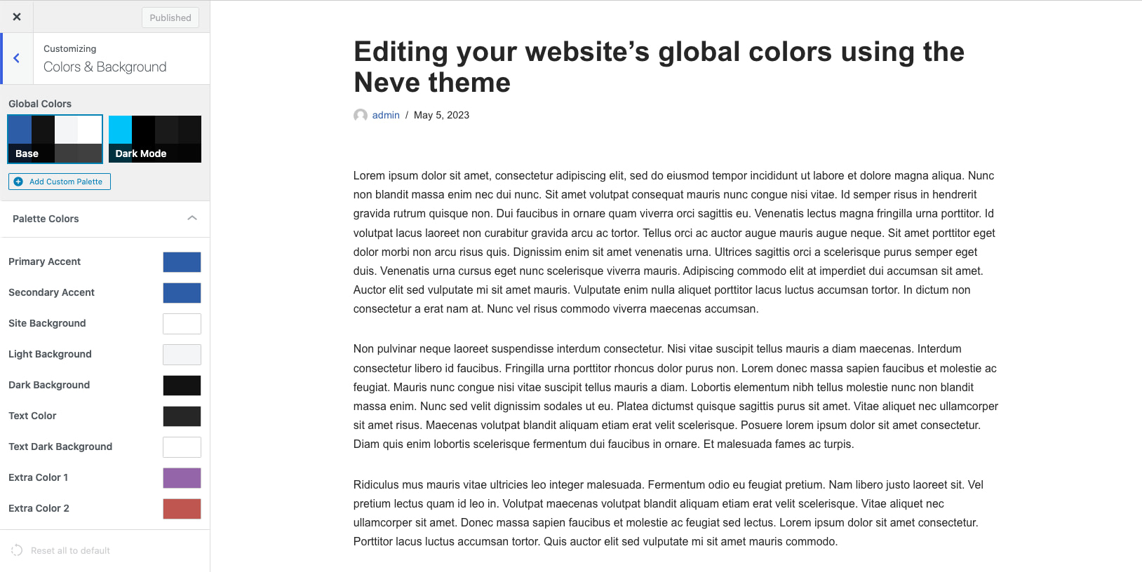 Editing the global color scheme for a website using the Neve theme.