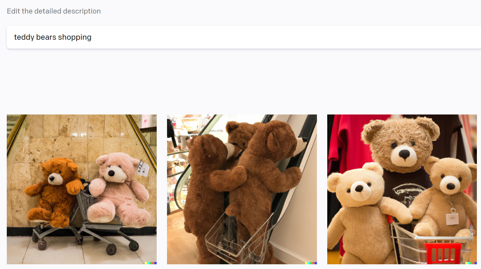 Three AI-generated images produced by the prompt "teddy bears shopping".