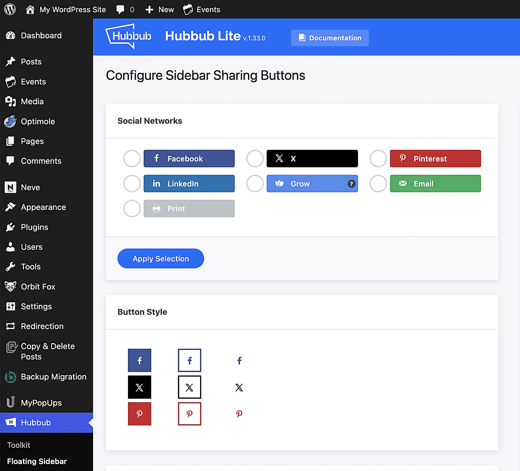 Hubbub configuring sidebar sharing buttons