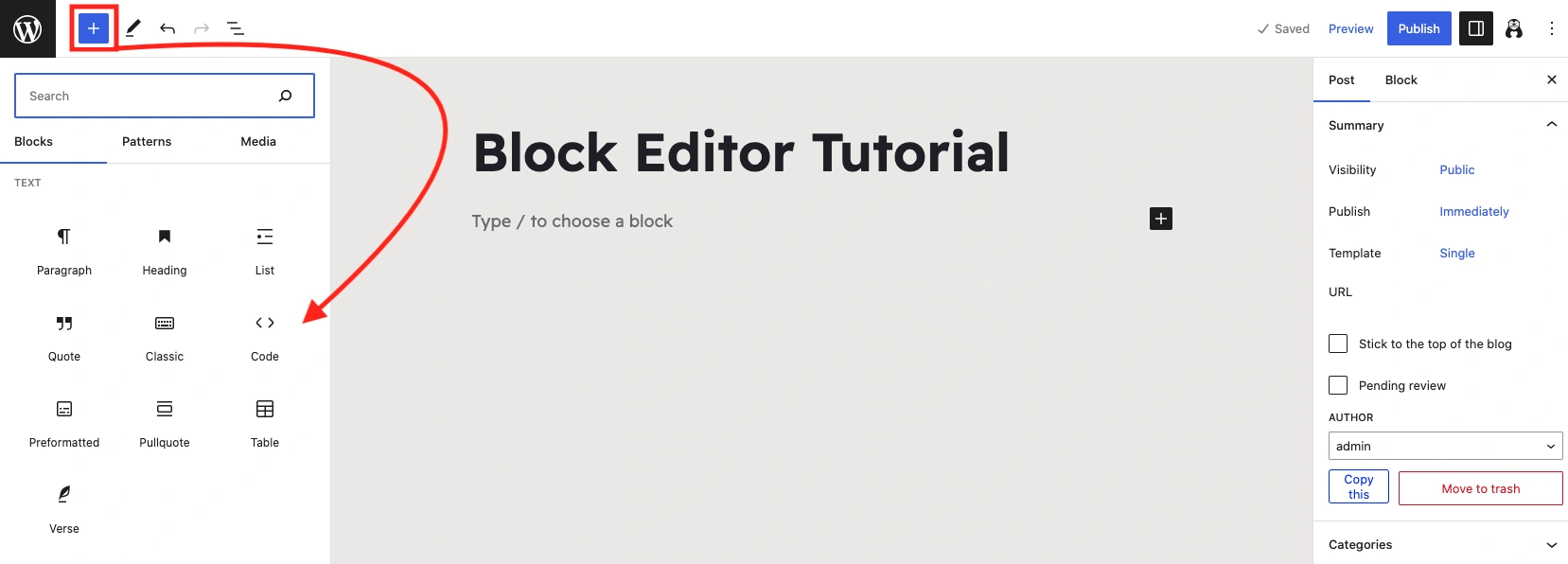 Placing blocks in the WordPress Block Editor using the first method.