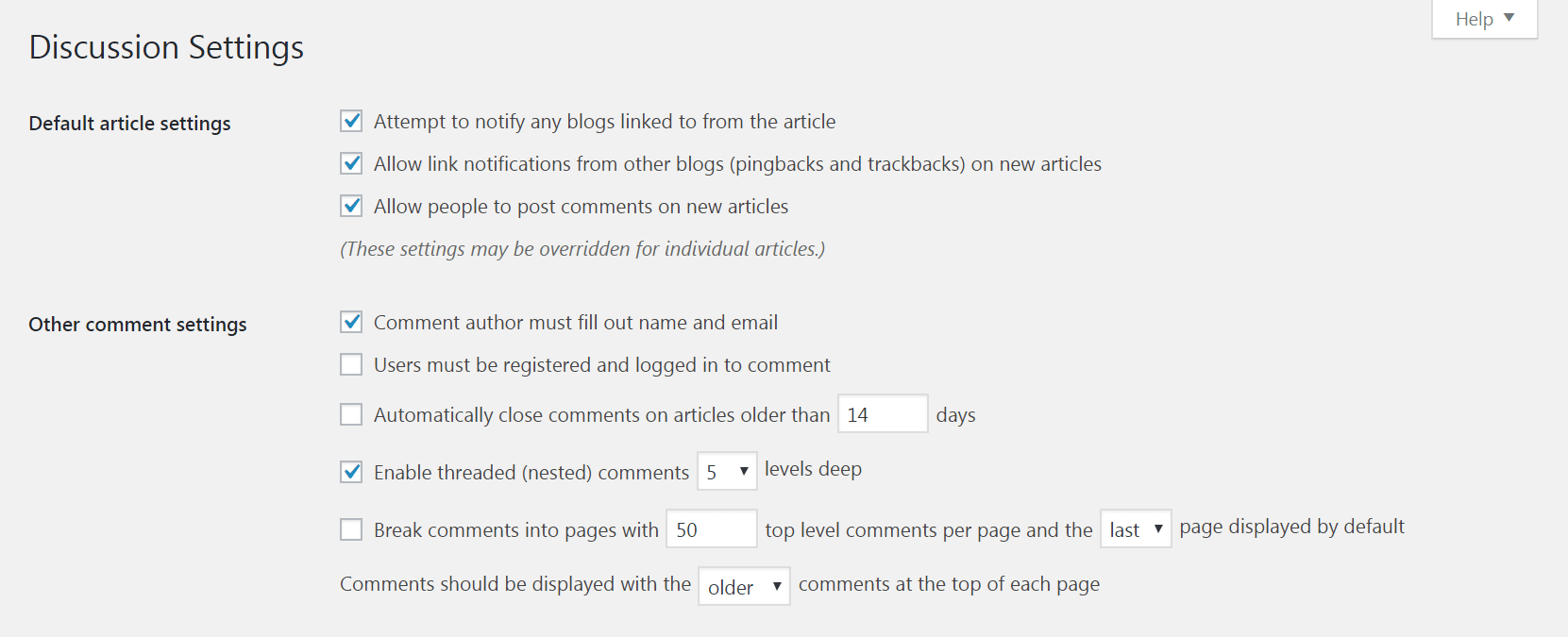 Discussion settings in WordPress.