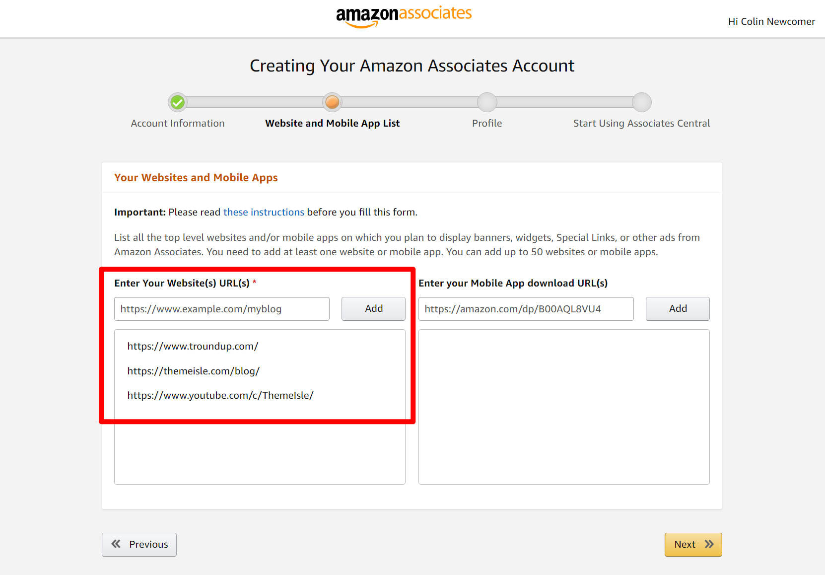 Добавьте веб-сайты, на которых вы будете продвигать продукты Amazon.