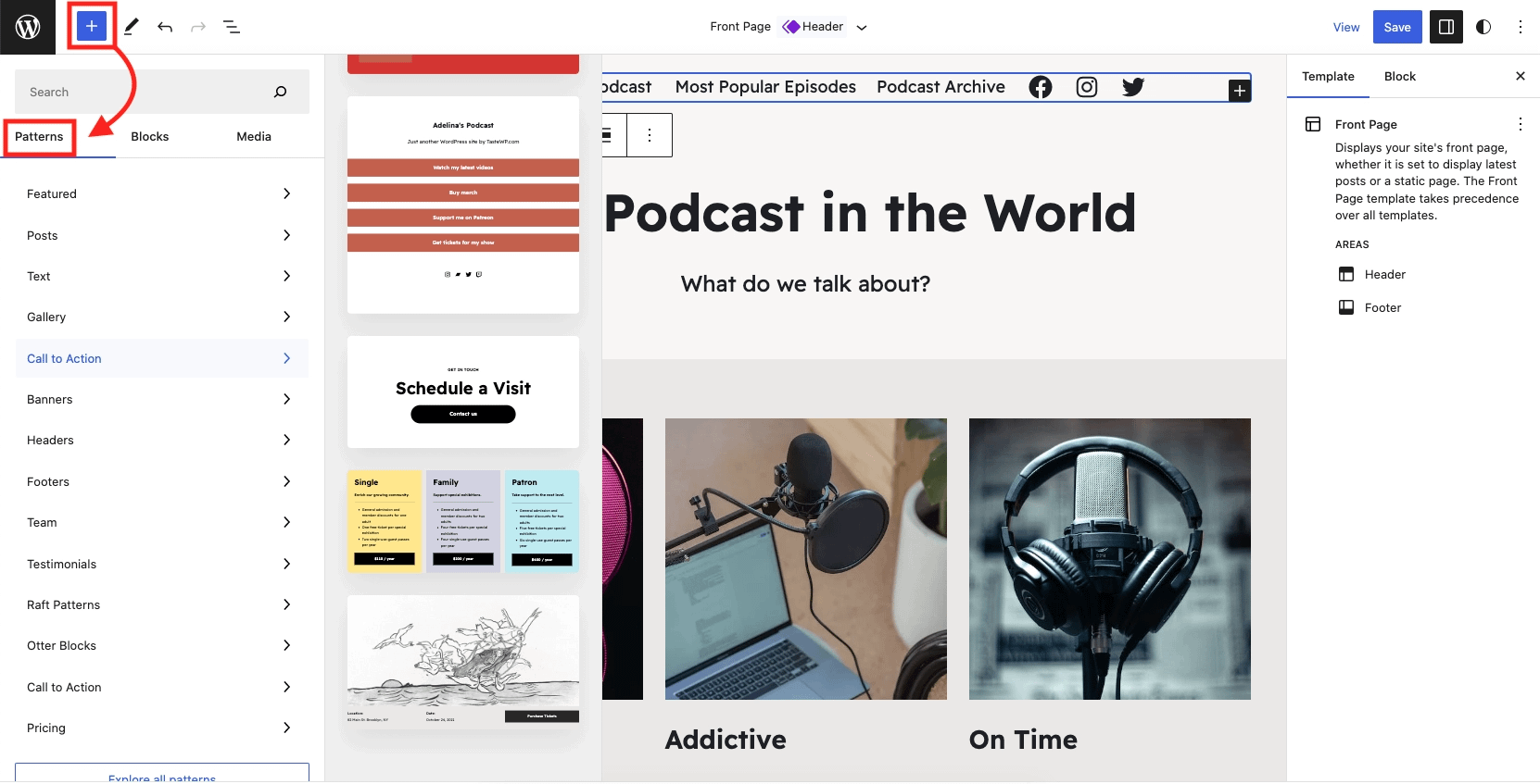 Use block patterns to speed up the process of creating a podcast website in WordPress