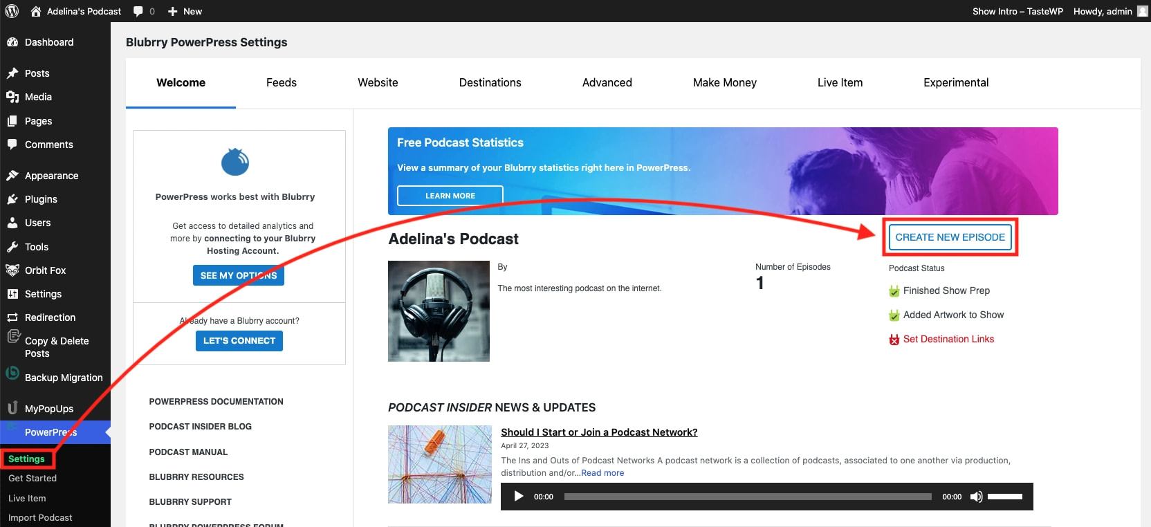 Access the create a new podcast episode option from the WordPress admin dashboard