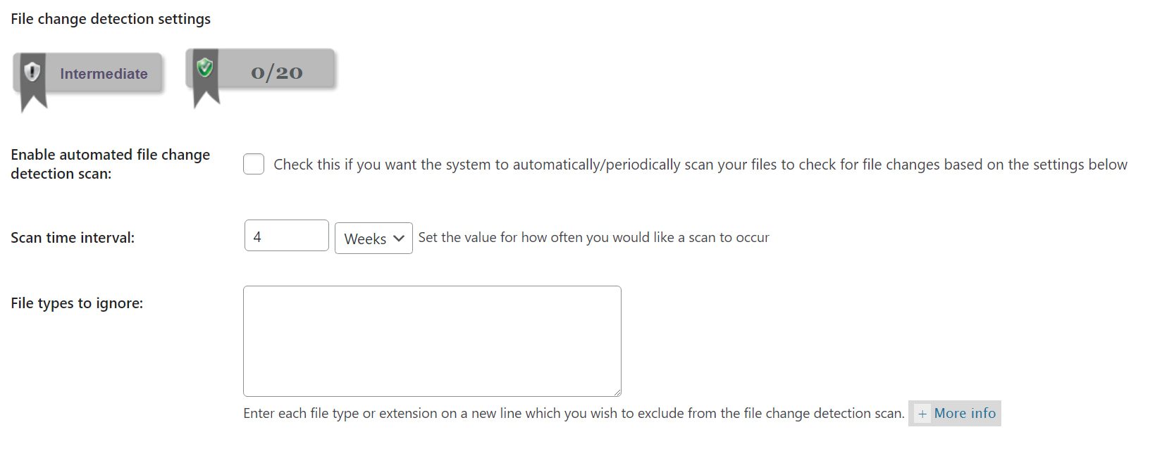 Configuring the file change detection settings in All in One WordPress Security.