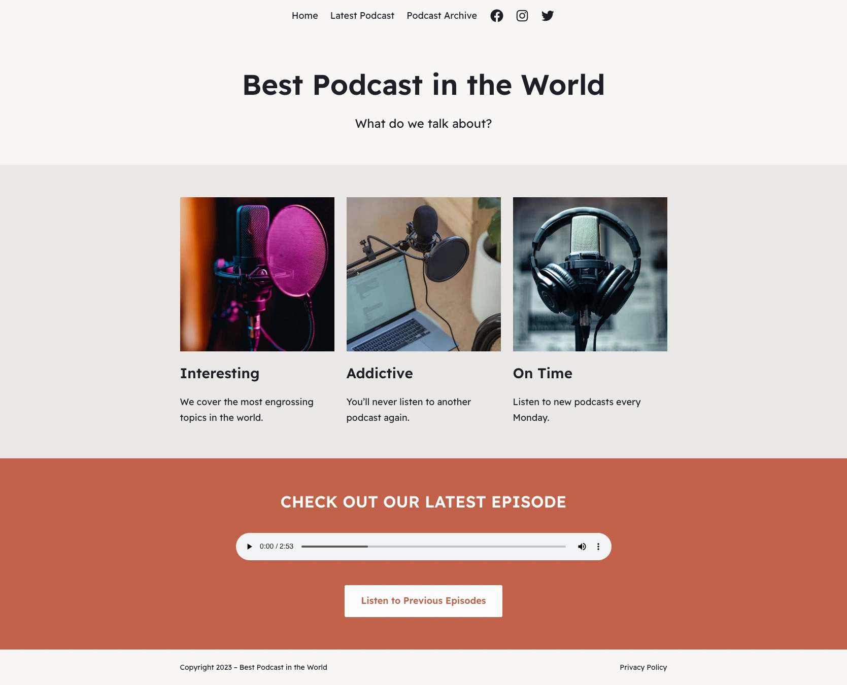 Podcast in WordPress homepage example using the Raft theme and the Full Site Editor