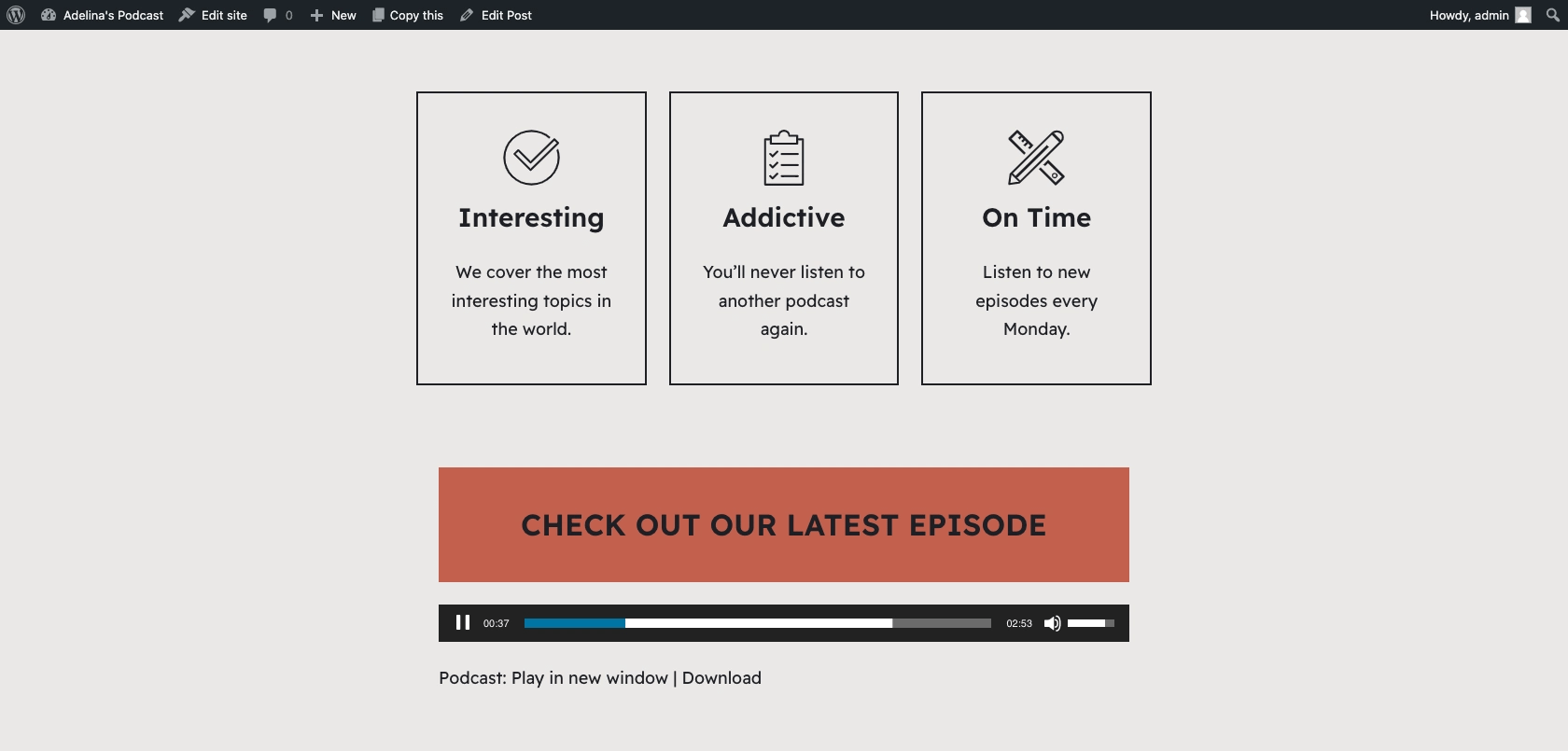 Preview what your podcast episode post will look like on the front end of your website