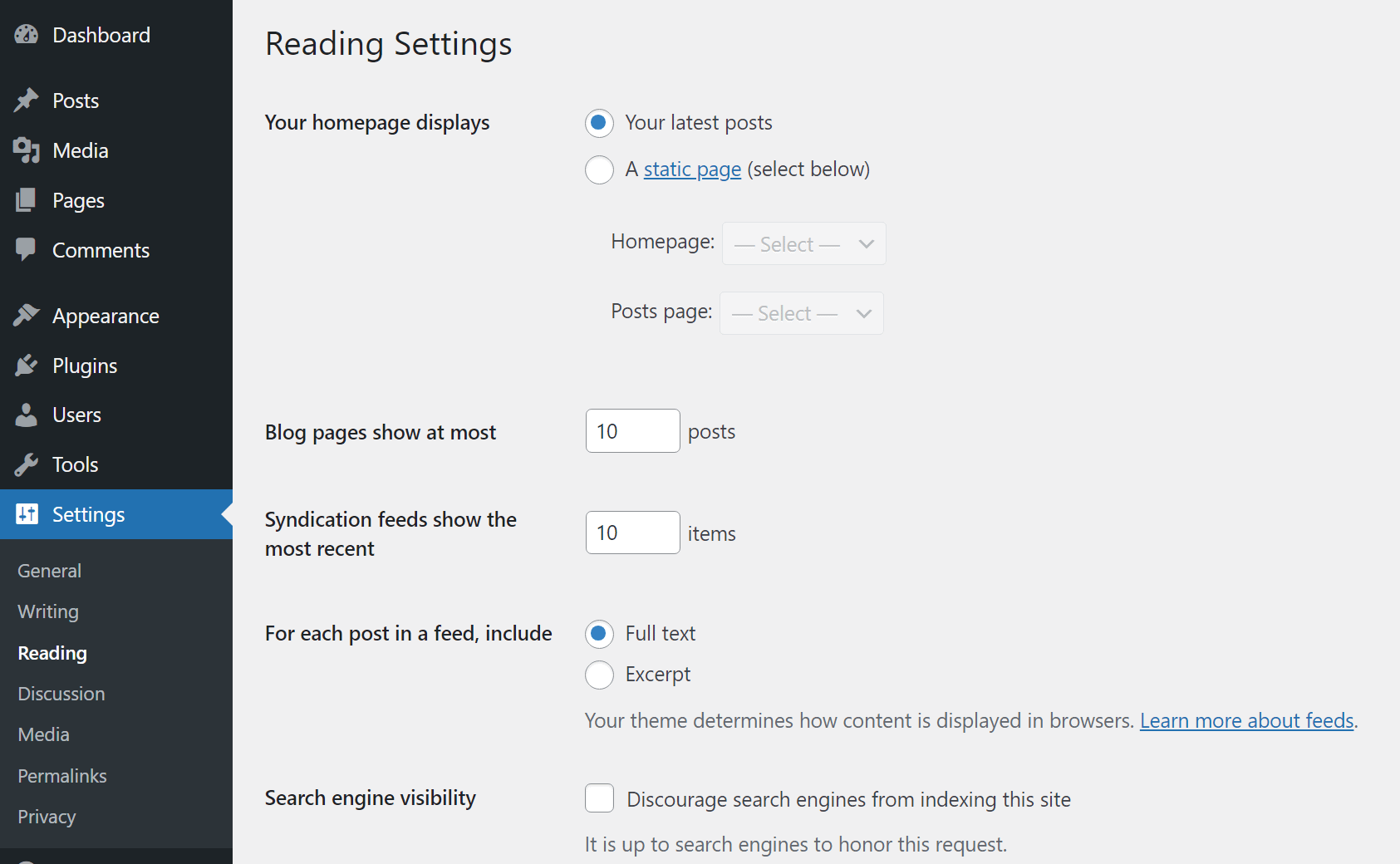 Configuración de lectura de WordPress.