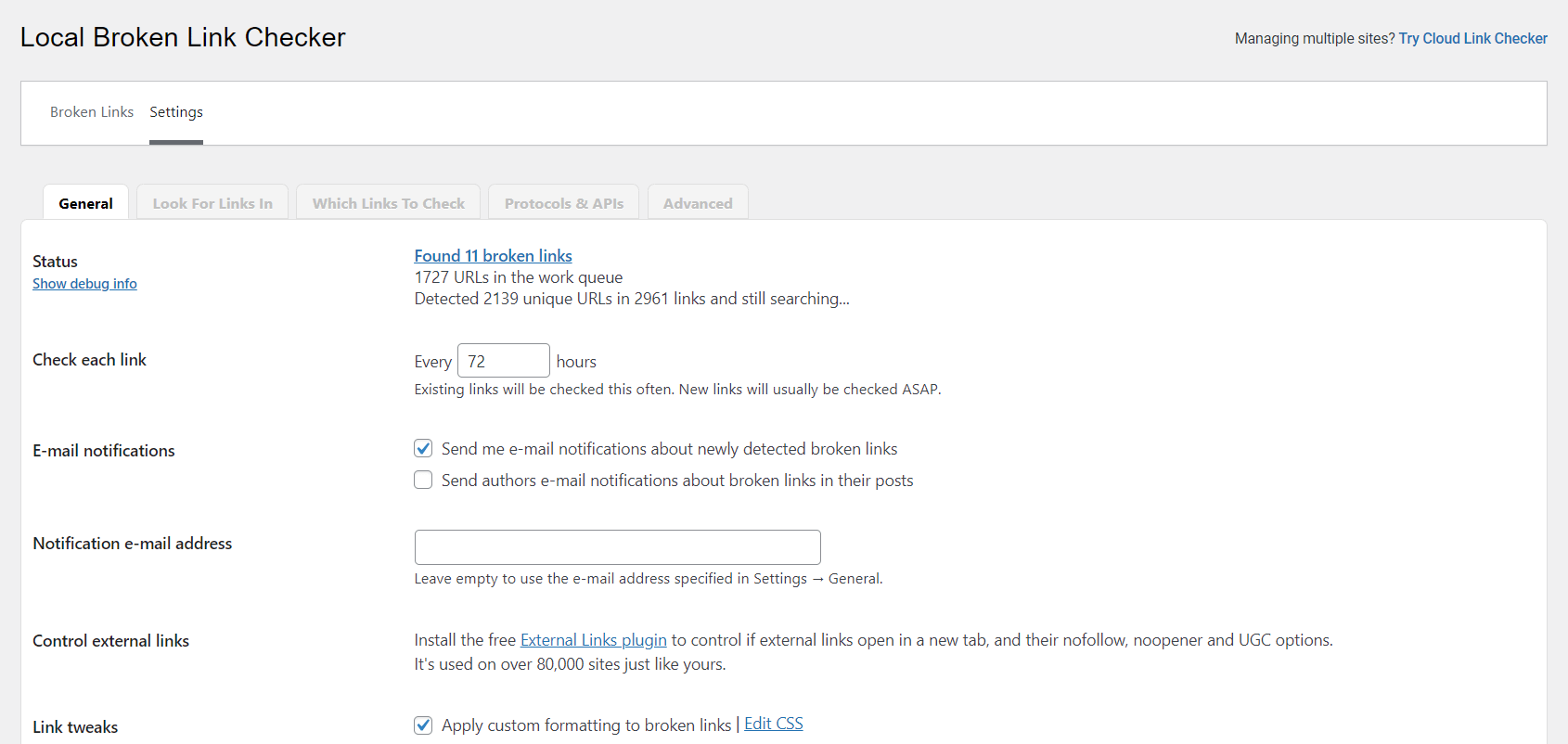 Broken Link Checker options