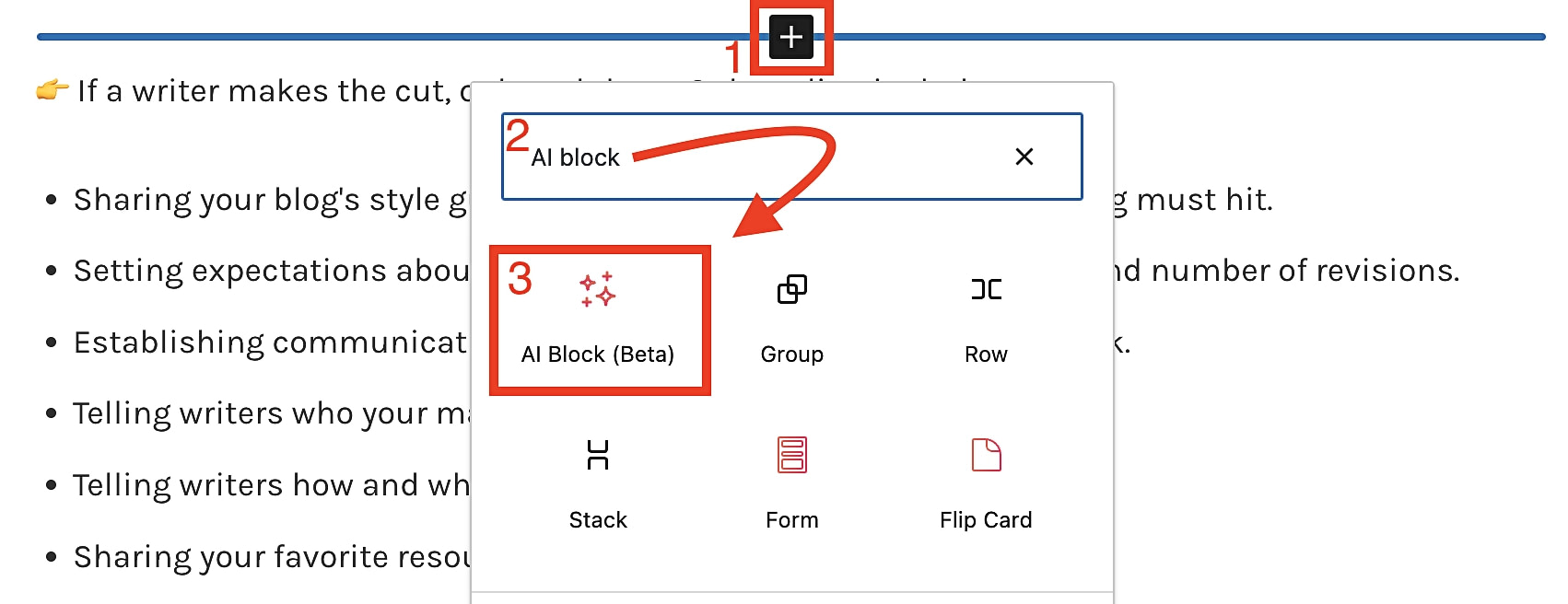 Searching for a specific block inside the WordPress editor after installing a block plugin.