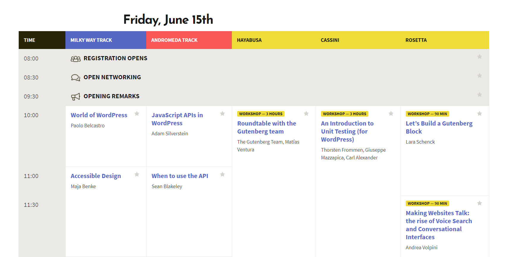 A WordCamp schedule.