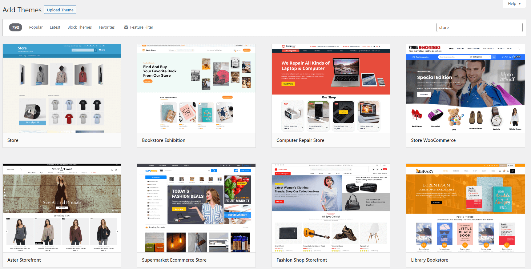 WordPress theme library search results for "store", for Shopify vs WooCommerce comparison.