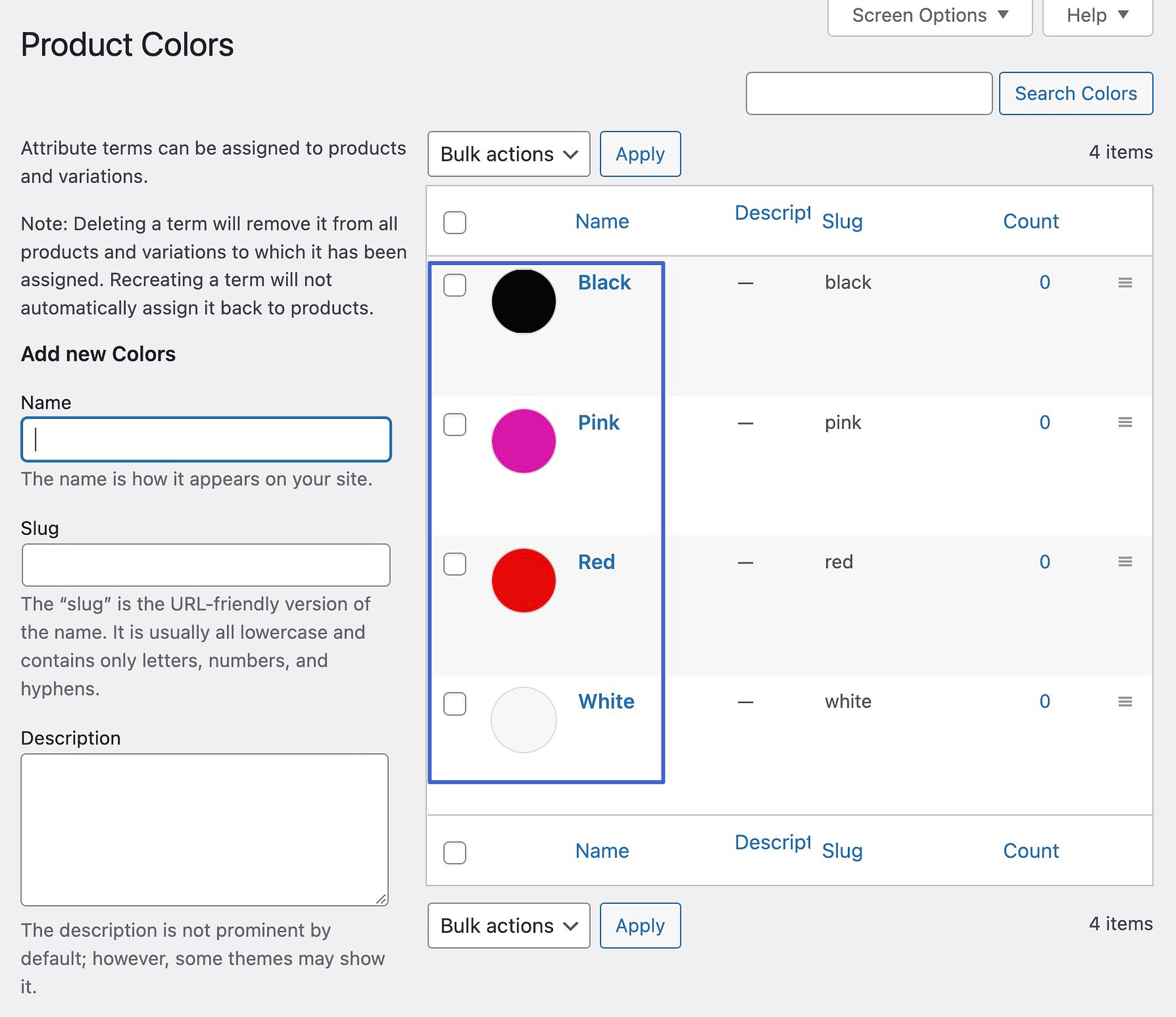 viewing the color variation swatches for WooCommerce